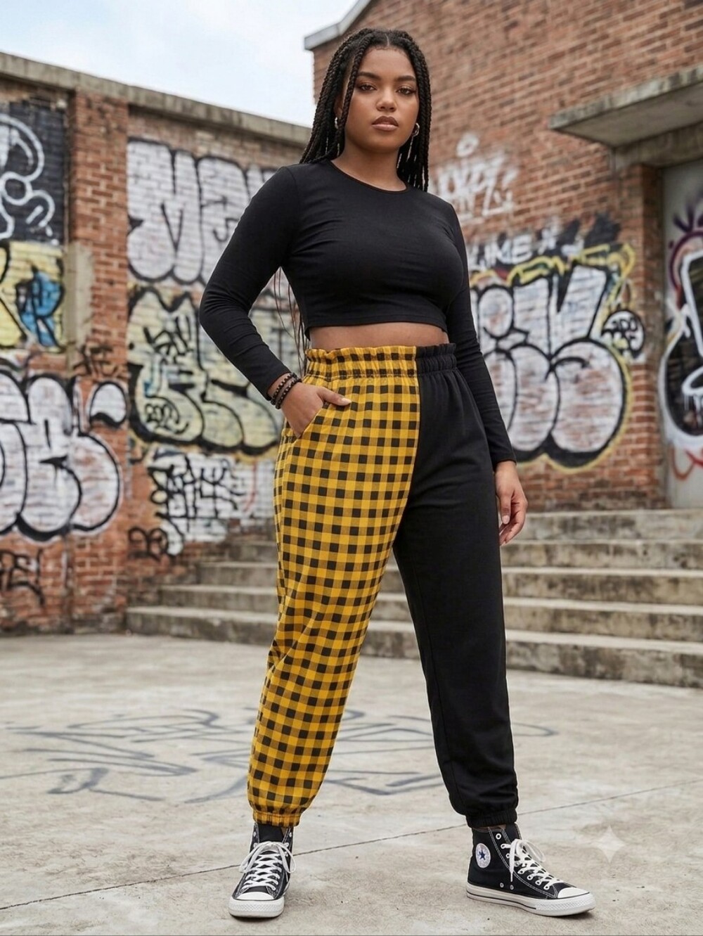Colorblock Plaid & Solid Jogger Pants in Yellow/Black